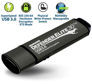 זיכרון נייד מוצפן (דיסק און קי) - Kanguru | KDFE30-16G | Defender Elite 30 | 16GB | USB 3.0 | AES 256-Bit Hardware Encryption
