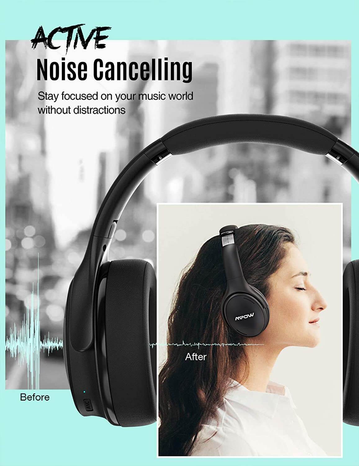 אוזניות בלוטוס עם מסנן רעשים אקטיבי Mpow | MPBH388AB | H19-IPO Bluetooth Headphones | Active ANC
