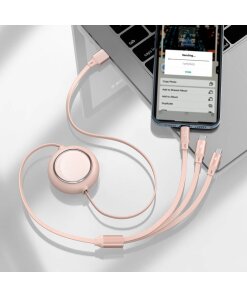 כבל נתונים ממתכת חיבור USB ל 3 יציאות Type-C + Micro + Lightning הספק 100W בצבע ורוד Baseus CAMLT-MJ04 (2)