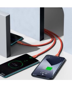 קיט כבל נתונים ממתכת חיבור USB ו Type-C ליציאות Type-C + IPHONE + PD הספק 100W באורך 1.2 מטר בצבע כתום Baseus CA2T3-07 (2)