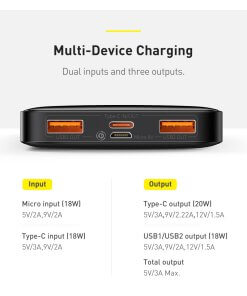 מטען נייד מהיר לסמארטפון בצבע שחור Baseus PPDML-N01 30000mAh PD+QC USB Type-C 20W