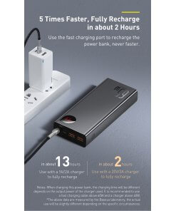 מטען נייד מהיר לסמארטפון תצוגה דיגיטלית עם טעינה מהירה בצבע שחור Baseus PPIMDA-D01 20000MAH Type-C USB PD3 + QC3 65W Adaman Power Bank