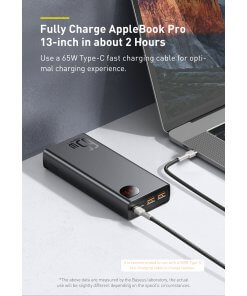 מטען נייד מהיר לסמארטפון תצוגה דיגיטלית עם טעינה מהירה בצבע שחור Baseus PPIMDA-D01 20000MAH Type-C USB PD3 + QC3 65W Adaman Power Bank