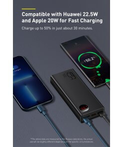 מטען נייד מהיר לסמארטפון תצוגה דיגיטלית עם טעינה מהירה בצבע שחור Baseus PPIMDA-D01 20000MAH Type-C USB PD3 + QC3 65W Adaman Power Bank