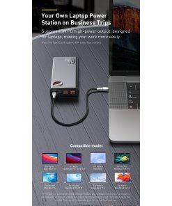 מטען נייד מהיר לסמארטפון תצוגה דיגיטלית עם טעינה מהירה בצבע שחור Baseus PPIMDA-D01 20000MAH Type-C USB PD3 + QC3 65W Adaman Power Bank