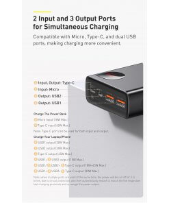 מטען נייד מהיר לסמארטפון תצוגה דיגיטלית עם טעינה מהירה בצבע שחור Baseus PPIMDA-D01 20000MAH Type-C USB PD3 + QC3 65W Adaman Power Bank