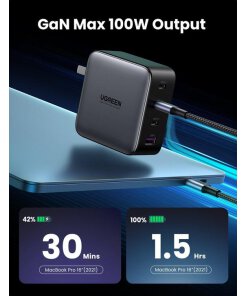מטען קיר 4 חיבורים USB ו Type-C הספק 100W בצבע שחור UGREEN 40747 3C1A GaN Fast Charger (6)