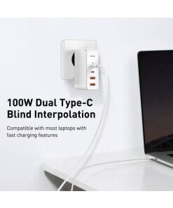 מטען קיר מהיר בהספק 100W בחיבור 2X-USB ו 2X-Type-C עם כבל Type-C תקע EU בצבע לבן Baseus CCGAN2P-L02 (1)