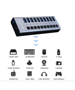 מפצל USB 10-Port חיבור USB3.0 מהירות 5Gbps עם ספק כח ACASIS HS-710MG Hub Splitter
