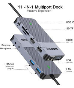 תחנת עגינה Thunderbolt 4 חיבור USB עם 13 חיבורים ברזולוציה 4K תואמת Windows ו-Mac OS בצבע אפור QGeeM (3)