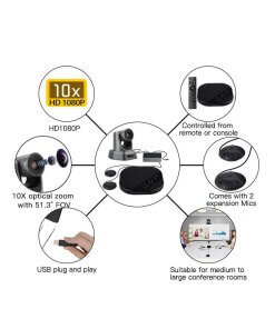 מצלמת רשת לחדרי ישיבות קיט כולל דיבורית ושתי מיקרופונים שולחניים TENVEO TEVO-VA3000E USB Webcam 1080P PTZ