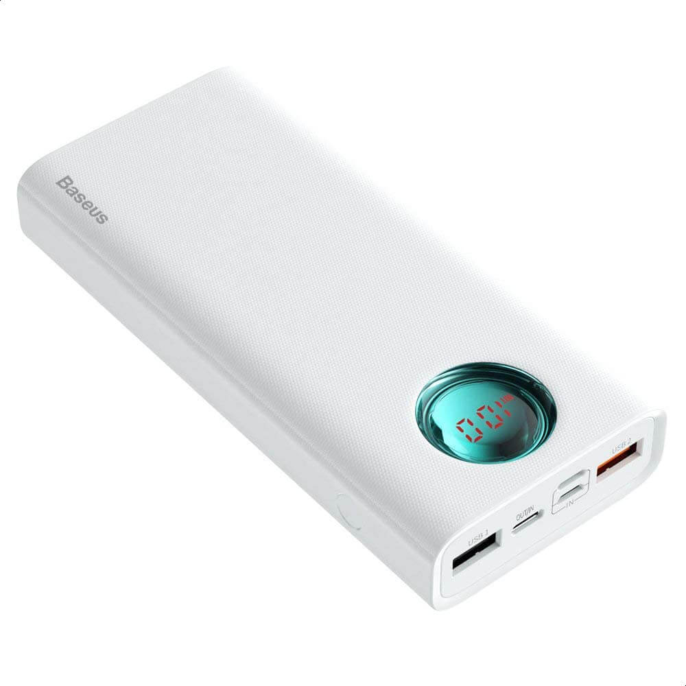 מטען נייד תצוגה דיגיטלית בצבע לבן Baseus PPALL-LG02 Amblight 20000MAH PD3.0 QC3.0 USB IP Type-C 18W