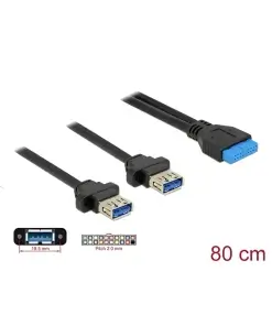 כבל USB 3.0 להתקנה בפאנל שקע 19 פין ל- 2 שקעים USB-A עם מרחק בין הברגים 18.5 מ"מ ז/נ DELOCK | 85244 | 4K