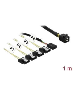 כבל Mini SAS SFF-8087 ל- SATA 7 pin x 4 בזווית 90° + Sideband ז/נ DELOCK | 83322 | 4K