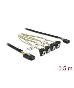 כבל Mini SAS SFF-8087 ל- SATA 7 pin x 4 בזווית 90° + Sideband זנ DELOCK 85683 4K