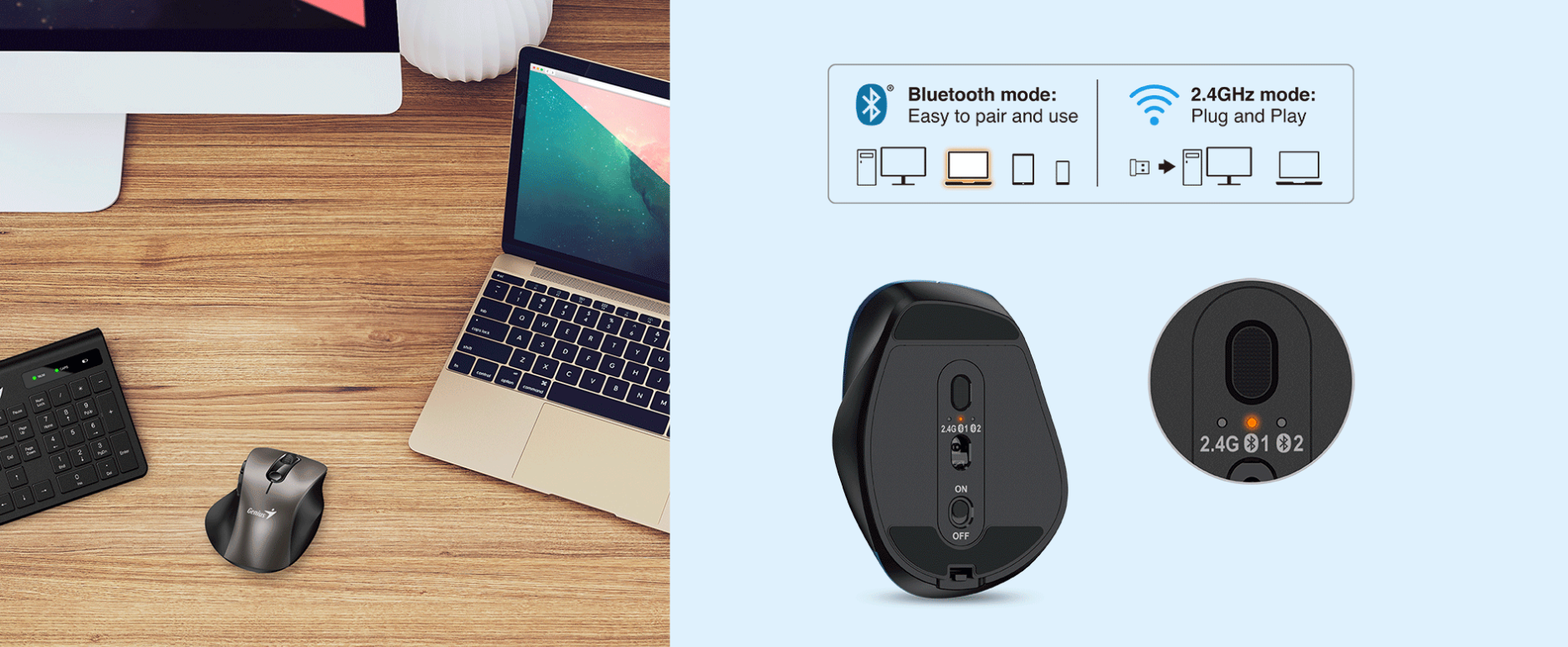 עכבר אלחוטי חיבור Wireless Bluetooth בצבע שחור Genius | 31030038403 | Ergo 9000S