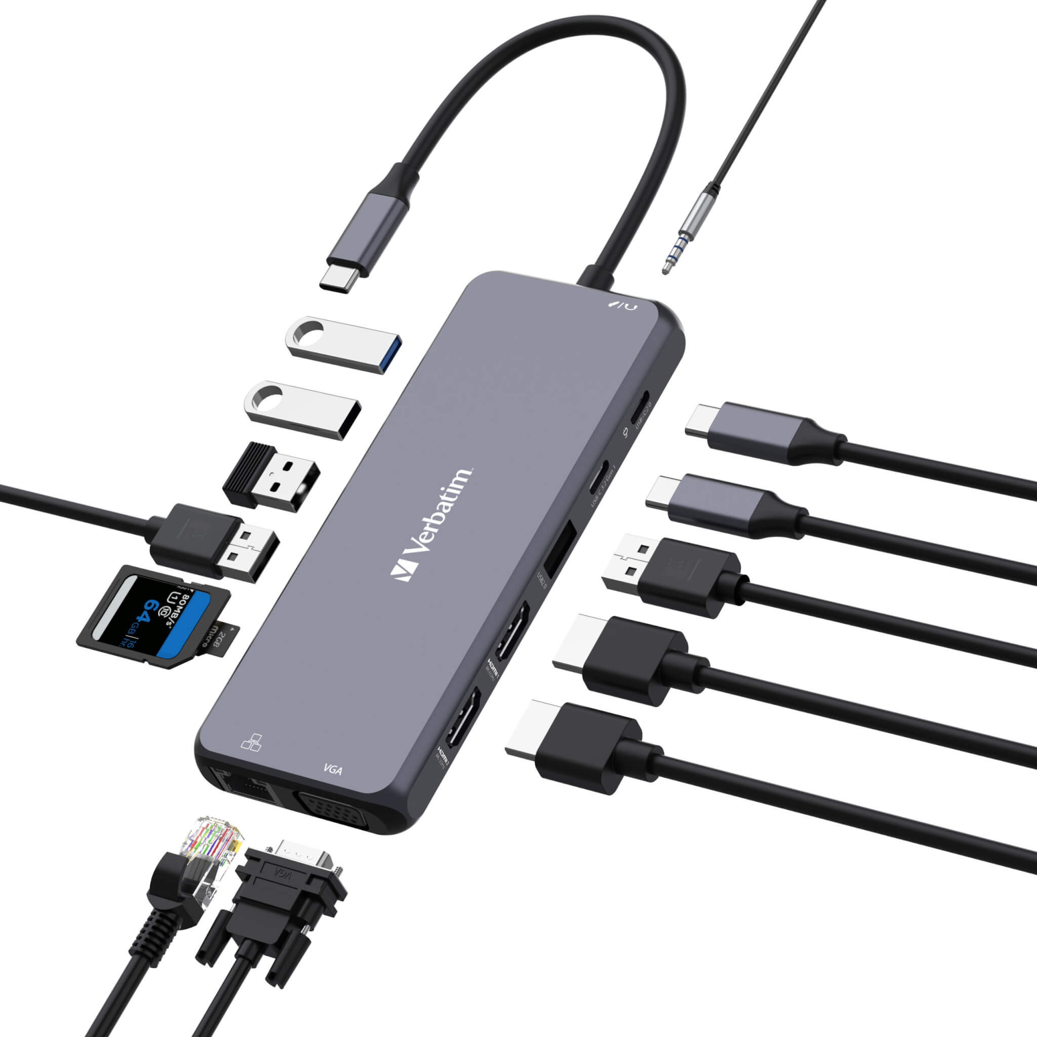תחנת עגינה USB-C PRO MULTIPORT HUB 14 PORT C בצבע אפור Verbatim | 32154 ...