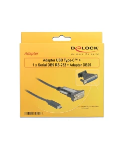 ממיר USB-C לחיבור DB9 Serial RS-232 + מתאם DB25 צ'יפ FTDI אורך 1.8 מטר DELOCK | 62904