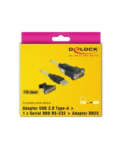 ממיר USB לחיבור DB9 Serial RS-232 + מתאם DB25 צ'יפ FTDI אורך 1.8 מטר DELOCK | 61308