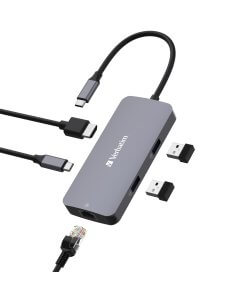תחנת עגינה USB-C™PRO MULTIPORT HUB RJ45 | 2 x USB-A | USB-C® PD בצבע אפור Verbatim | 32150