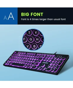 מקלדת חוטית ארגונומית בצבע שחור Perixx | PERIBOARD-317-R | Wired Backlit Round Keys Keyboard with Large Print Letters