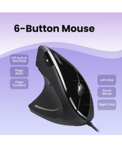 עכבר אלחוטי ארגונומי בצבע שחור Perixx | PERIMICE-513-L | Wired Left-Handed Ergonomic Vertical Mouse 6 Buttons 1000/1600 DPI