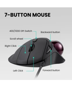 עכבר חוטי ארגונומי בצבע שחור Perixx | PERIMICE-517 | Wired Right-hand Ergonomic Trackball Quiet 7 Button Mouse 400/1000 DPI