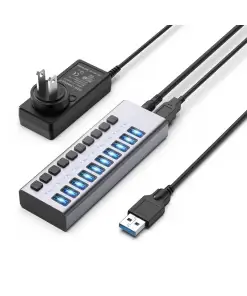 עמדת טעינה מהירה לסלולריםטאבלט 10 חיבורי USB-A 3.1 בצבע אפור Acasis AC-HS710
