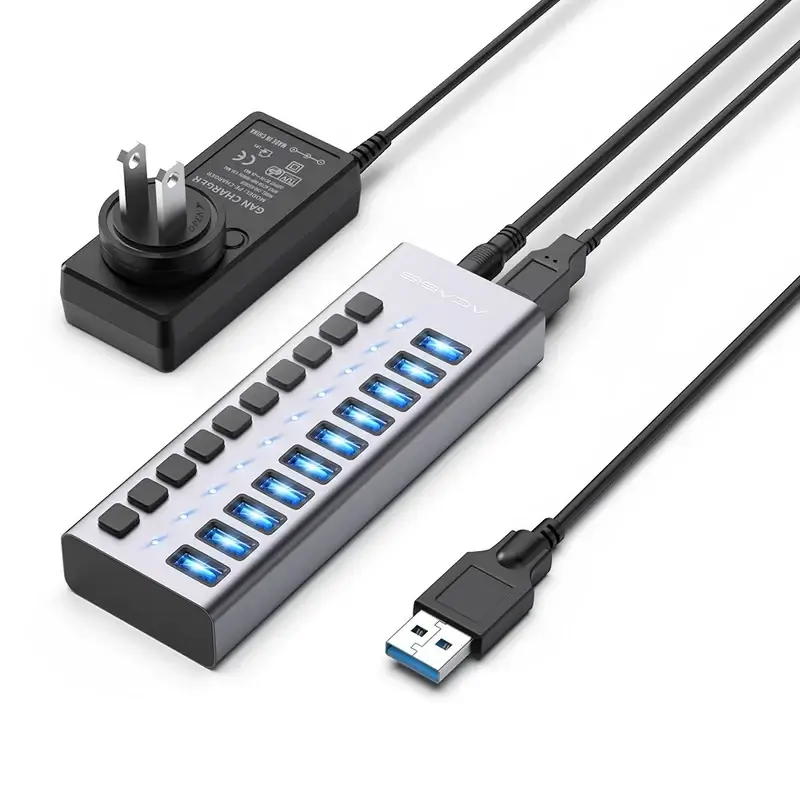 עמדת טעינה מהירה לסלולריםטאבלט 10 חיבורי USB-A 3.1 בצבע אפור Acasis AC-HS710 עמדת טעינה מהירה לסלולריםטאבלט 10 חיבורי USB-A 3.1 בצבע אפור Acasis AC-HS710