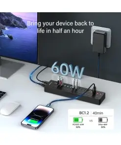 עמדת טעינה מהירה לסלולרים\טאבלט 16 חיבורי Port 14xUSB 2xTypcC בצבע שחור Acasis | DS-516PB