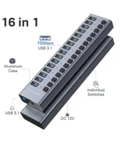 עמדת טעינה מהירה לסלולריםטאבלט 16 חיבורי USB 3.1 בצבע אפור Acasis AC-HS716