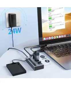 עמדת טעינה מהירה לסלולריםטאבלט 7 חיבורי USB-A 3.1 בצבע אפור Acasis AC-HS707