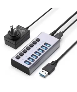 עמדת טעינה מהירה לסלולריםטאבלט 7 חיבורי USB-A 3.1 בצבע אפור Acasis AC-HS707