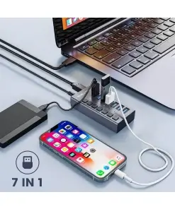 עמדת טעינה מהירה לסלולריםטאבלט 7 חיבורי USB-A 3.1 בצבע אפור Acasis AC-HS707